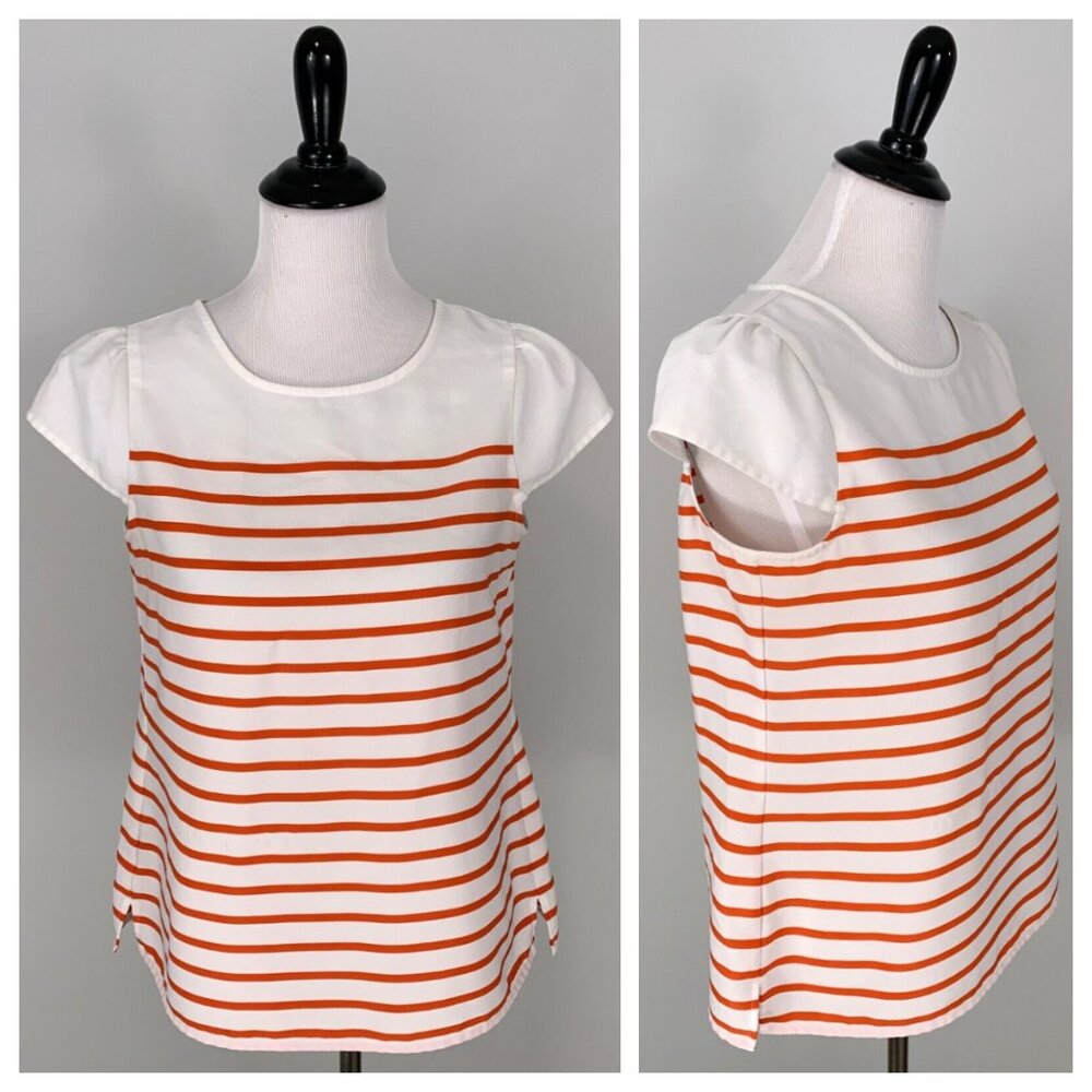 ANN TAYLOR LOFT White Red Orange Striped Cap Sleeve Blouse Top Shirt MP Petite
